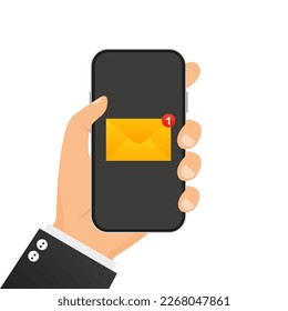 Flash Design style of a hand holding a smartphone with an e-mail application on the screen. A new message on the smartphone screen. Vector illustration