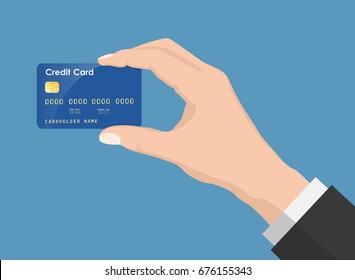 Flash Design Style Human Hand Holding With Credit Card ,isolate On Blue Background ,vector Design Element Illustration