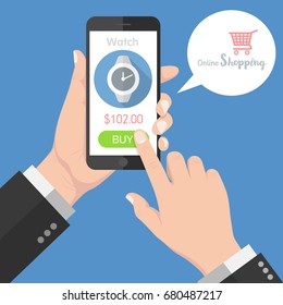 Flash Design style Human hand holding Smartphone with online shopping app on screen  the concept is shopping online application on smart phone ,vector design Element illustration