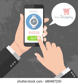 Flash Design style Human hand holding Smartphone with online shopping app on screen  the concept is shopping online application on smart phone ,vector design Element illustration