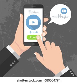 Flash Design style of Human hand holding Smartphone with media or music app on screen. Vector design Element illustration
