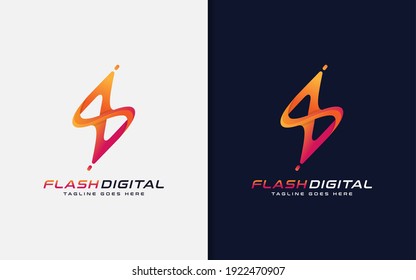 Flash Digital Logo Design. Abstract Orange Flash Symbol Concept, Usable For Brand Business, Tech and Company. Vector Logo Illustration.