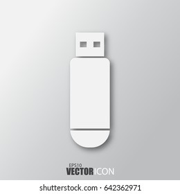 Flash disc icon in white style with shadow isolated on grey background. For your design, logo. Vector illustration.