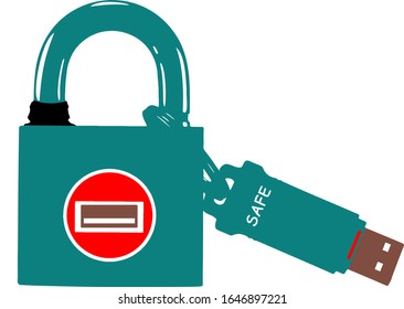 Flash drive and closed lock. Encryption and data security.
