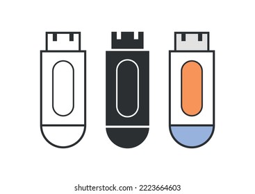 Iconos planos de Flash Drive, silueta de dispositivos de almacenamiento de datos, iconos de línea