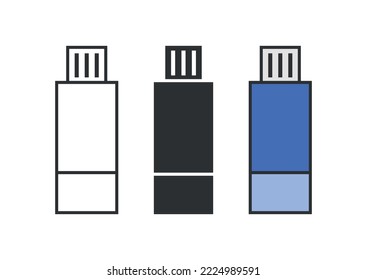 Iconos planos de Flash Drive, silueta de dispositivos de almacenamiento de datos, iconos de línea