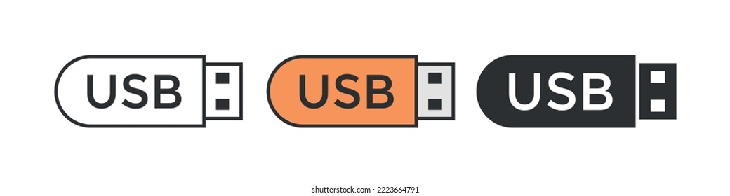 Iconos planos de la unidad flash, establezca dispositivos de almacenamiento de datos usb. Iconos de equipos informáticos