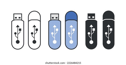 Iconos planos de la unidad flash, establezca dispositivos de almacenamiento de datos usb. Iconos de equipos informáticos