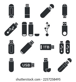 Flash drive flat icons, set silhouette data storage devices. svg