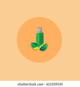 Flash drive green color with leaf flat style. Vector. Illustration.