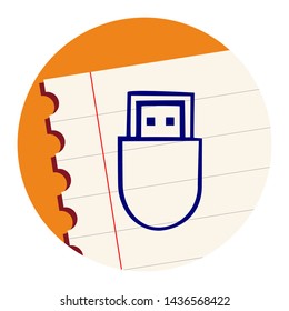 Flash Drive. Hand Drawn Icon on a Notebook Sheet