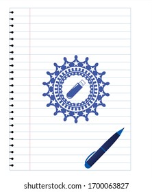 flash drive icon emblem draw with pen effect. Blue ink. Vector Illustration. Detailed.