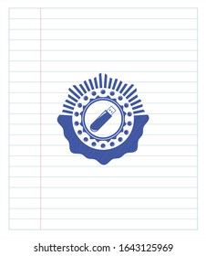 flash drive icon emblem with pen effect. Blue ink. Vector Illustration. Detailed.