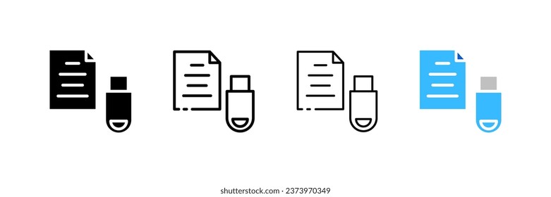Flash drive with icon file. Different styles, file transfer, files on a flash drive. Vector icons