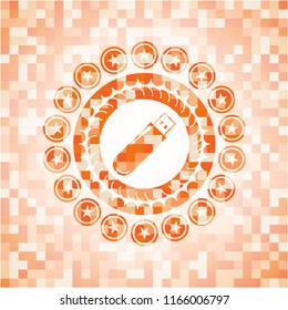 flash drive icon inside abstract orange mosaic emblem with background