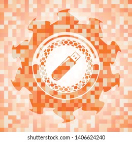 flash drive icon inside abstract orange mosaic emblem