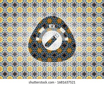 flash drive icon inside arabesque style badge. arabic decoration.