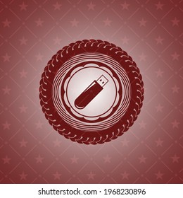 flash drive icon inside badge with red background. 