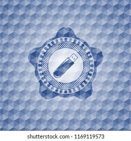 flash drive icon inside blue emblem with geometric pattern background.