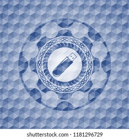 flash drive icon inside blue emblem or badge with geometric pattern background.