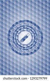 flash drive icon inside blue emblem or badge with abstract geometric pattern background.