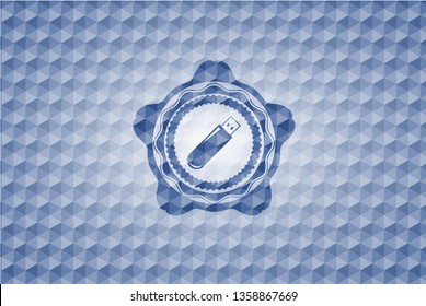 flash drive icon inside blue emblem with geometric background.