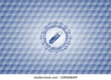 flash drive icon inside blue emblem with geometric background.