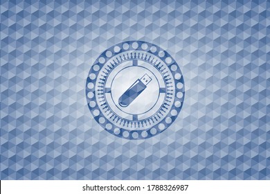 flash drive icon inside blue emblem or badge with abstract geometric polygonal pattern background. 