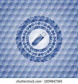 flash drive icon inside blue emblem or badge with abstract geometric polygonal pattern background. 