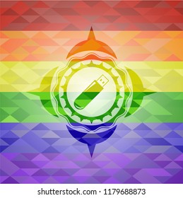 flash drive icon inside emblem on mosaic background with the colors of the LGBT flag