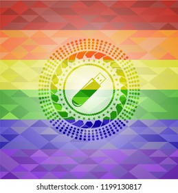 flash drive icon inside emblem on mosaic background with the colors of the LGBT flag