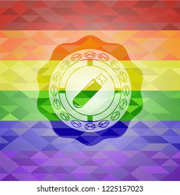 flash drive icon inside emblem on mosaic background with the colors of the LGBT flag