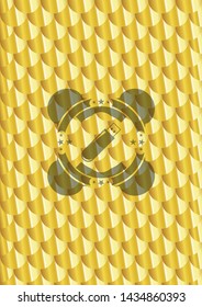 flash drive icon inside gold shiny emblem. Scales pattern. Vector Illustration. Detailed.