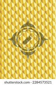 flash drive icon inside gold badge or emblem. Scales pattern. Vector Illustration. Detailed. 