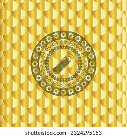 flash drive icon inside gold shiny badge. Scales pattern. Vector Illustration. Detailed. 