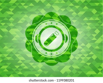 flash drive icon inside green emblem. Mosaic background