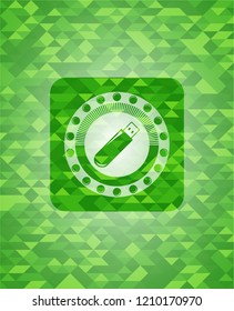 flash drive icon inside green emblem. Mosaic background