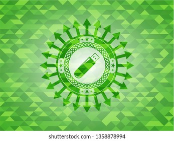 flash drive icon inside green emblem with mosaic ecological style background