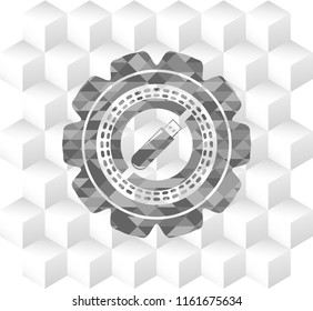 flash drive icon inside grey icon or emblem with geometric cube white background