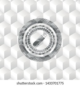 flash drive icon inside grey badge with geometric cube white background