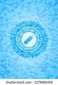 flash drive icon inside light blue emblem with mosaic ecological style background