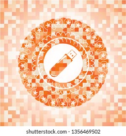 flash drive icon inside orange tile background illustration. Square geometric mosaic seamless pattern with emblem inside.