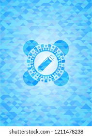 flash drive icon inside realistic sky blue emblem. Mosaic background