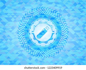 flash drive icon inside realistic light blue emblem. Mosaic background