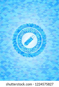 flash drive icon inside realistic light blue emblem. Mosaic background