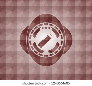 flash drive icon inside red seamless badge with geometric pattern background.