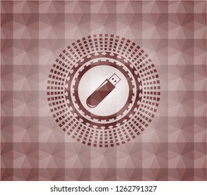 flash drive icon inside red emblem or badge with abstract geometric polygonal pattern background. Seamless.