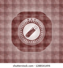 flash drive icon inside red emblem or badge with geometric pattern background. Seamless.