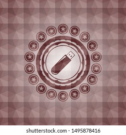 flash drive icon inside red seamless badge with geometric pattern background.