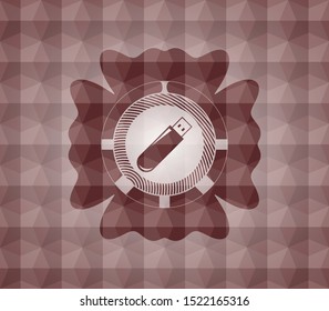flash drive icon inside red emblem or badge with geometric pattern background. Seamless.
